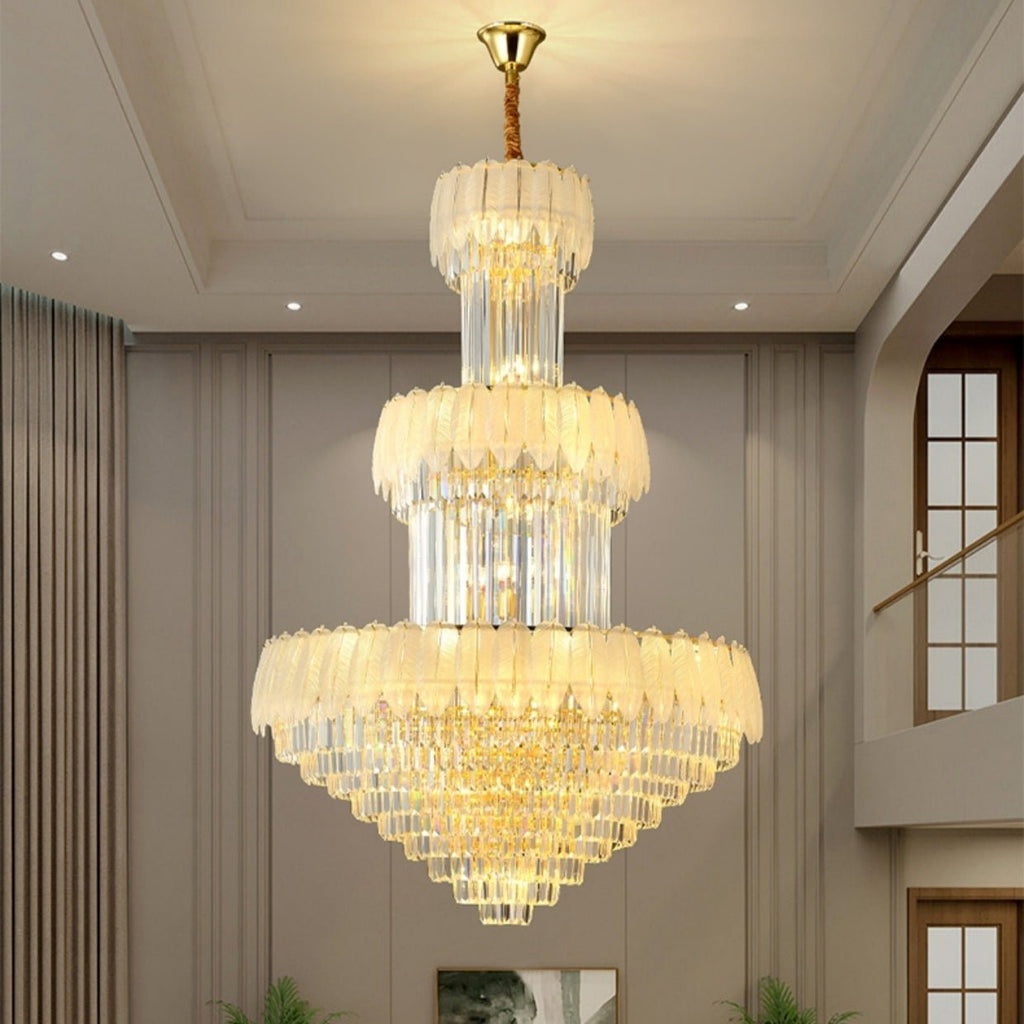 Extra Large Crystal Feather Style Chandelier Long Foyer Staircase Ceiling Lighting Fixture For Living Room - fovolighting