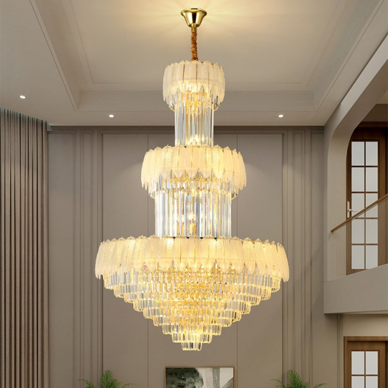 Extra Large Crystal Feather Style Chandelier Long Foyer Staircase Ceiling Lighting Fixture For Living Room - fovolighting