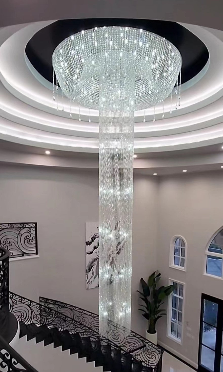 Extra Large Flush Mount Silver Waterfall Luxury Ceiling Crystal Chandelier for High - ceiling Living Room/Duplex Hall - fovolighting