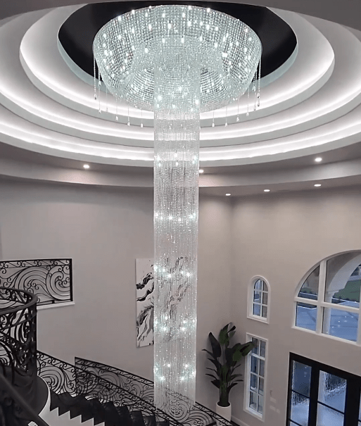 Extra Large Flush Mount Silver Waterfall Luxury Ceiling Crystal Chandelier for High - ceiling Living Room/Duplex Hall - fovolighting