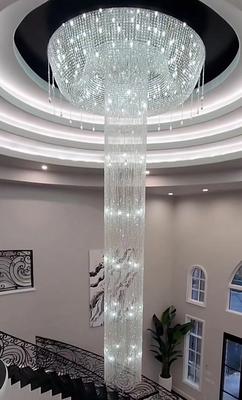 Extra Large Flush Mount Silver Waterfall Luxury Ceiling Crystal Chandelier for High - ceiling Living Room/Duplex Hall - fovolighting