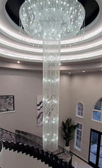 Extra Large Flush Mount Silver Waterfall Luxury Ceiling Crystal Chandelier for High - ceiling Living Room/Duplex Hall - fovolighting