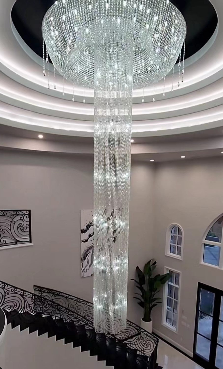 Extra Large Flush Mount Silver Waterfall Luxury Ceiling Crystal Chandelier for High - ceiling Living Room/Duplex Hall - fovolighting