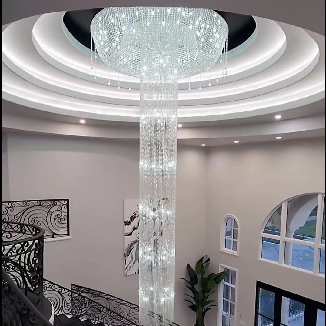 Extra Large Flush Mount Silver Waterfall Luxury Ceiling Crystal Chandelier for High - ceiling Living Room/Duplex Hall - fovolighting