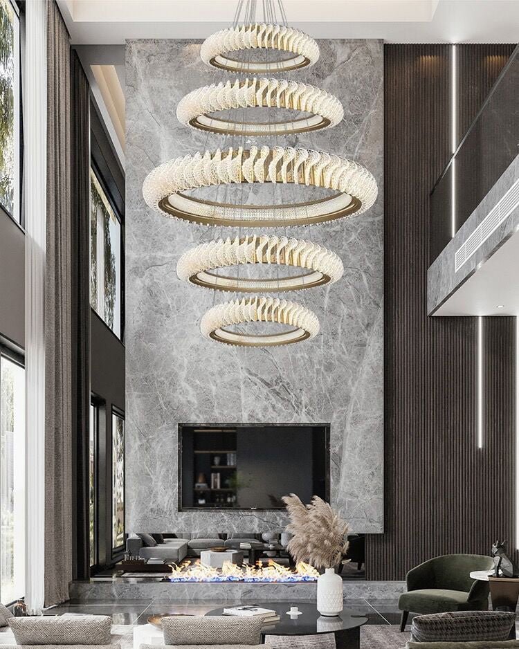 Extra Large Multi - layers Rings Crystal Chandelier Modern Art Waves Creative Pendant Light For High - ciling Foyer/Hallway/Staircase - fovolighting