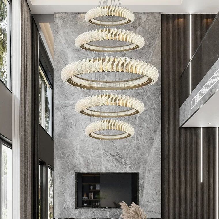 Extra Large Multi - layers Rings Crystal Chandelier Modern Art Waves Creative Pendant Light For High - ciling Foyer/Hallway/Staircase - fovolighting