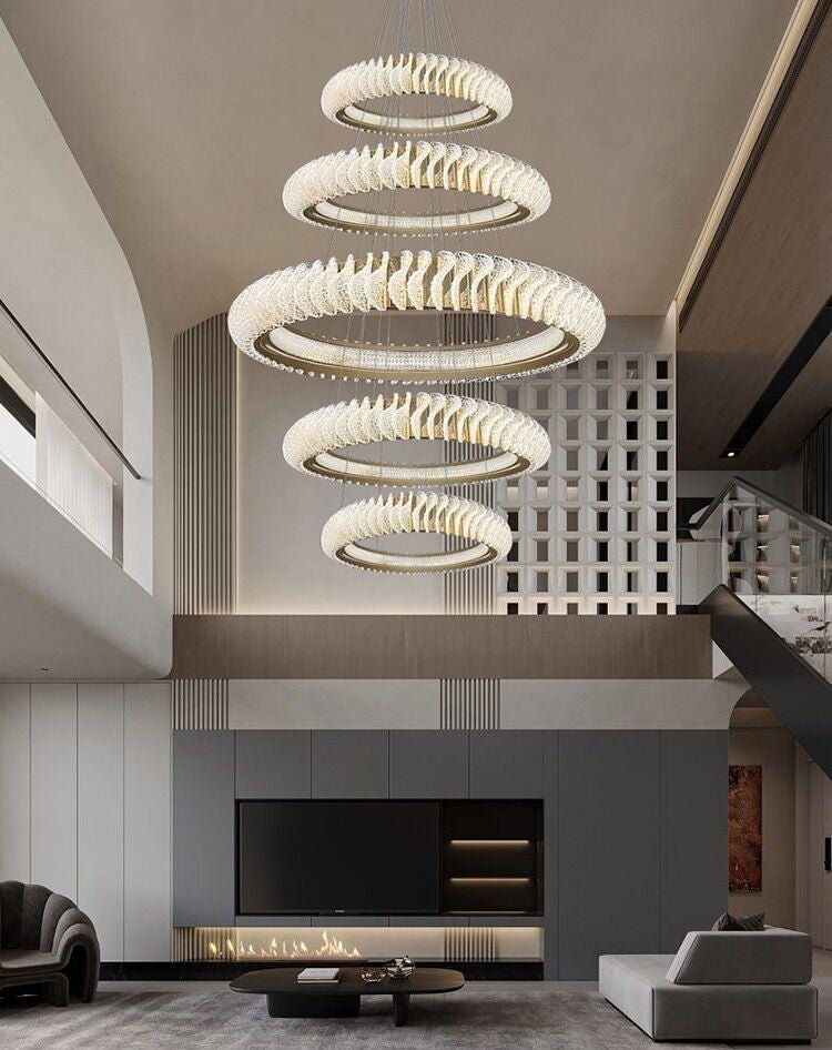 Extra Large Multi - layers Rings Crystal Chandelier Modern Art Waves Creative Pendant Light For High - ciling Foyer/Hallway/Staircase - fovolighting