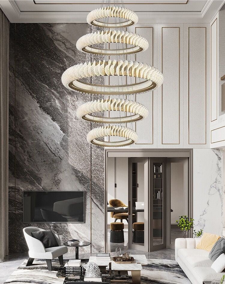 Extra Large Multi - layers Rings Crystal Chandelier Modern Art Waves Creative Pendant Light For High - ciling Foyer/Hallway/Staircase - fovolighting