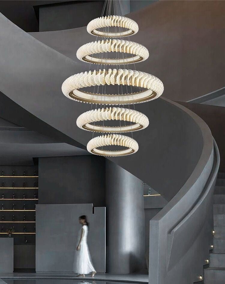 Extra Large Multi - layers Rings Crystal Chandelier Modern Art Waves Creative Pendant Light For High - ciling Foyer/Hallway/Staircase - fovolighting