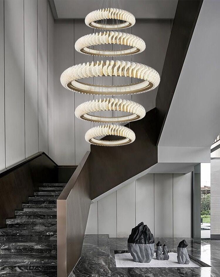 Extra Large Multi - layers Rings Crystal Chandelier Modern Art Waves Creative Pendant Light For High - ciling Foyer/Hallway/Staircase - fovolighting