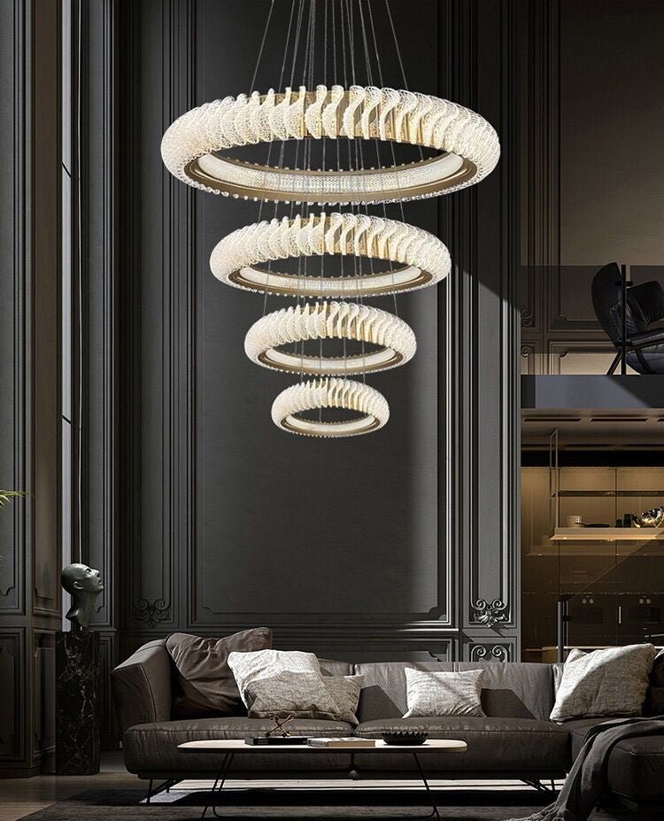 Extra Large Multi - layers Rings Crystal Chandelier Modern Art Waves Creative Pendant Light For High - ciling Foyer/Hallway/Staircase - fovolighting