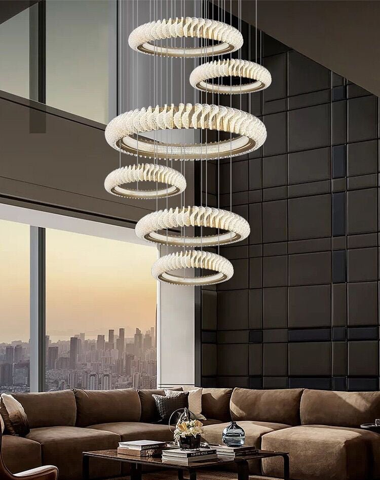 Extra Large Multi - layers Rings Crystal Chandelier Modern Art Waves Creative Pendant Light For High - ciling Foyer/Hallway/Staircase - fovolighting