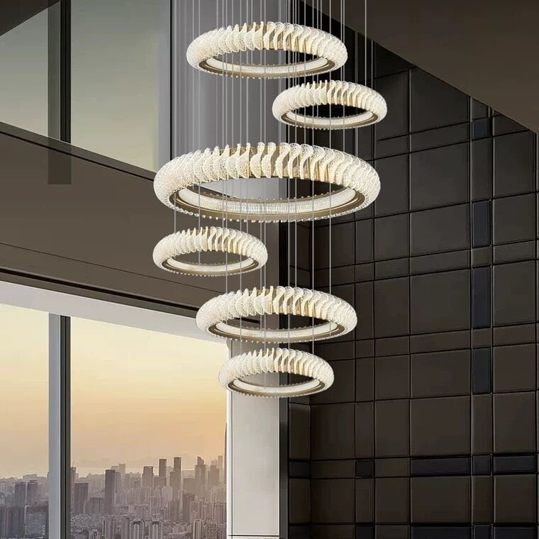 Extra Large Multi - layers Rings Crystal Chandelier Modern Art Waves Creative Pendant Light For High - ciling Foyer/Hallway/Staircase - fovolighting