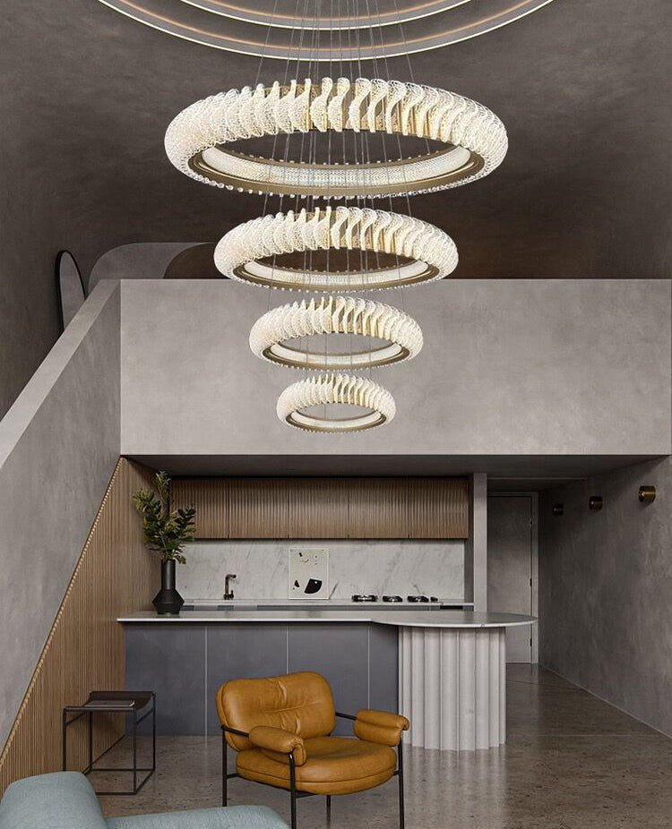 Extra Large Multi - layers Rings Crystal Chandelier Modern Art Waves Creative Pendant Light For High - ciling Foyer/Hallway/Staircase - fovolighting