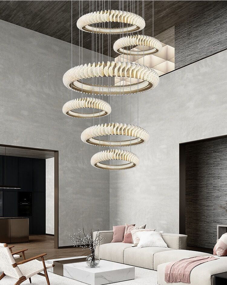 Extra Large Multi - layers Rings Crystal Chandelier Modern Art Waves Creative Pendant Light For High - ciling Foyer/Hallway/Staircase - fovolighting