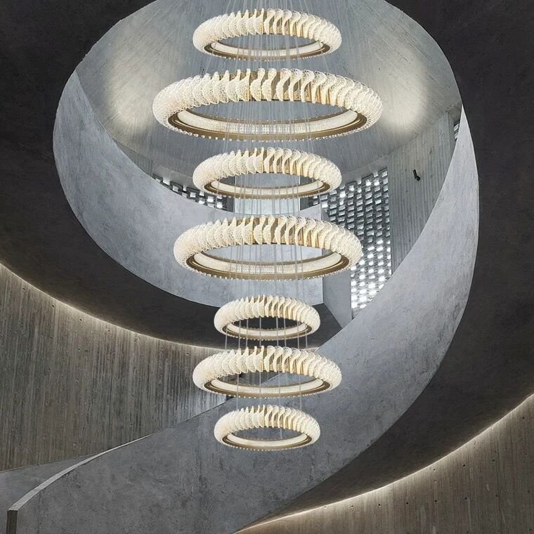 Extra Large Multi - layers Rings Crystal Chandelier Modern Art Waves Creative Pendant Light For High - ciling Foyer/Hallway/Staircase - fovolighting