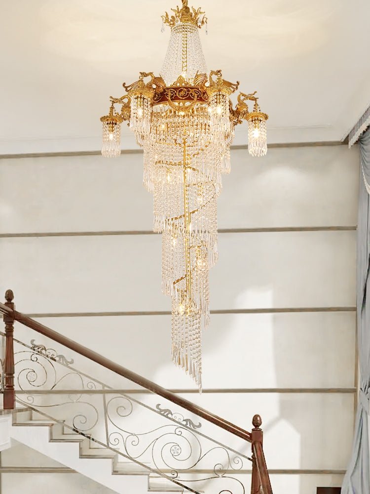 Extra Large Retro Luxury Full Copper Crystal Chandelier for Staircase/ Duplexes/ Villas - fovolighting