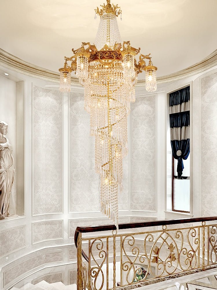 Extra Large Retro Luxury Full Copper Crystal Chandelier for Staircase/ Duplexes/ Villas - fovolighting