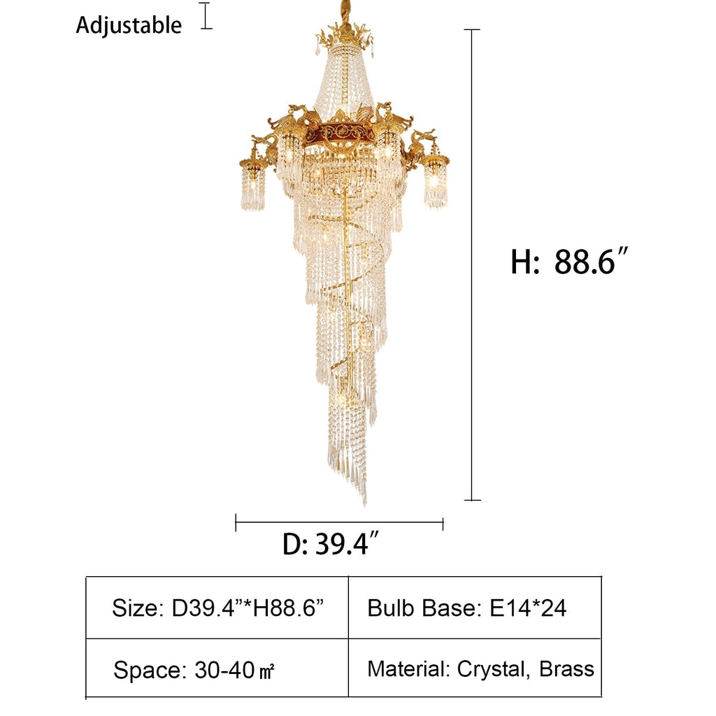 Extra Large Retro Luxury Full Copper Crystal Chandelier for Staircase/ Duplexes/ Villas - fovolighting