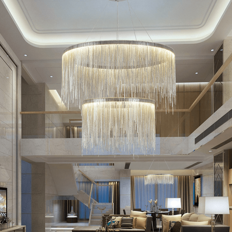 Extra Large Round Aluminum Tassel Chain Chandelier for Living/Dining Room/Villa/Duplex Hall - fovolighting