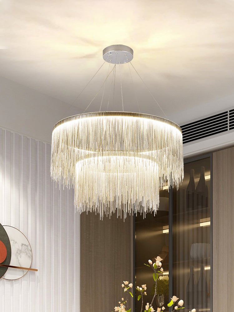 Extra Large Round Aluminum Tassel Chain Chandelier for Living/Dining Room/Villa/Duplex Hall - fovolighting