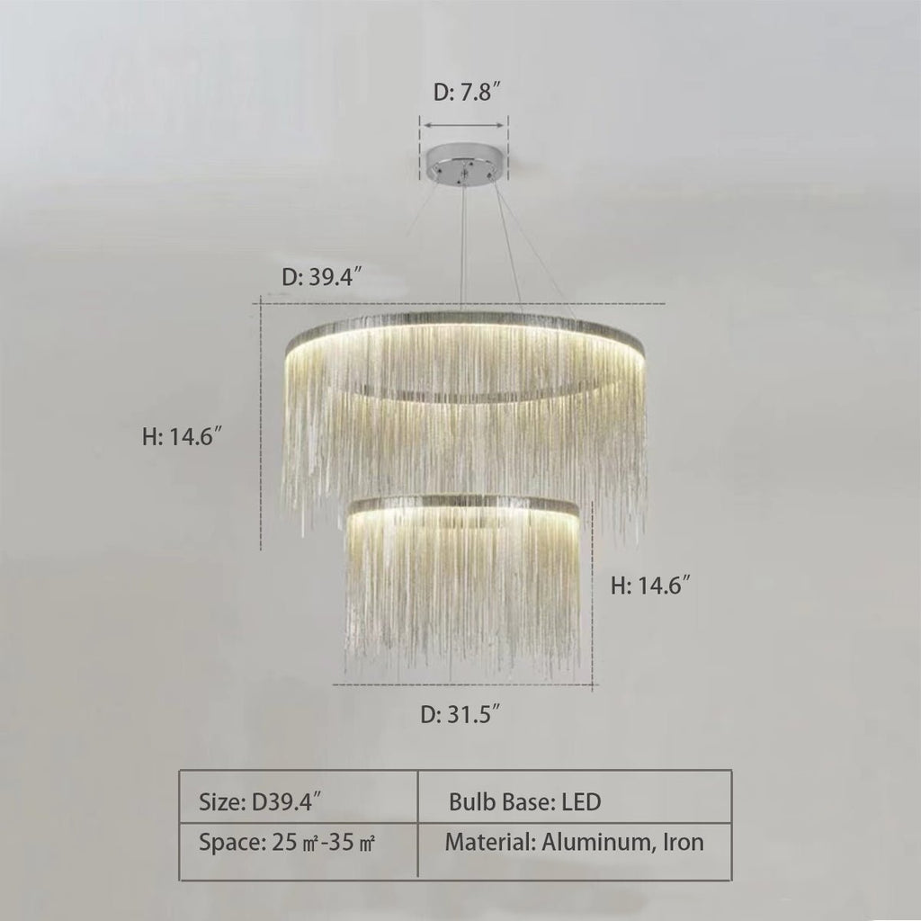 Extra Large Round Aluminum Tassel Chain Chandelier for Living/Dining Room/Villa/Duplex Hall - fovolighting