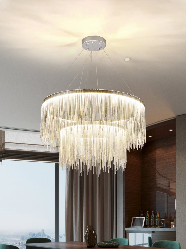 Extra Large Round Aluminum Tassel Chain Chandelier for Living/Dining Room/Villa/Duplex Hall - fovolighting