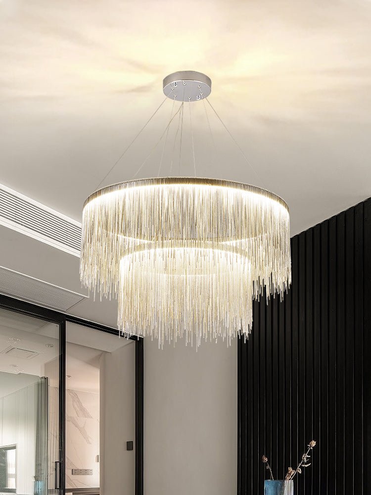 Extra Large Round Aluminum Tassel Chain Chandelier for Living/Dining Room/Villa/Duplex Hall - fovolighting