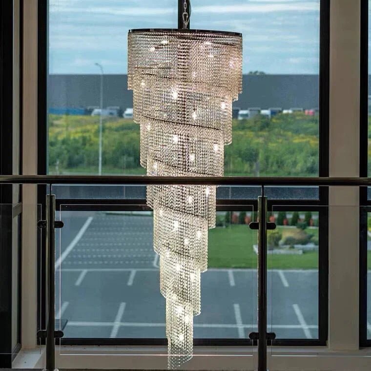 Extra Large Spiral Tiered Long Crystal Chandelier Luxury Crystal Tassel Light Fixture For Staircase/Entryway - fovolighting