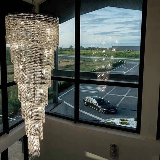 Extra Large Spiral Tiered Long Crystal Chandelier Luxury Crystal Tassel Light Fixture For Staircase/Entryway - fovolighting