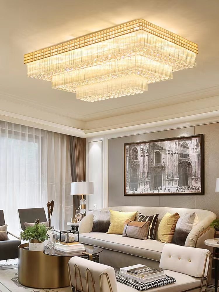 Extra Large Three Layers Rectangular Luxury Flush Mounted Crystal Chandelier for Living Room - fovolighting