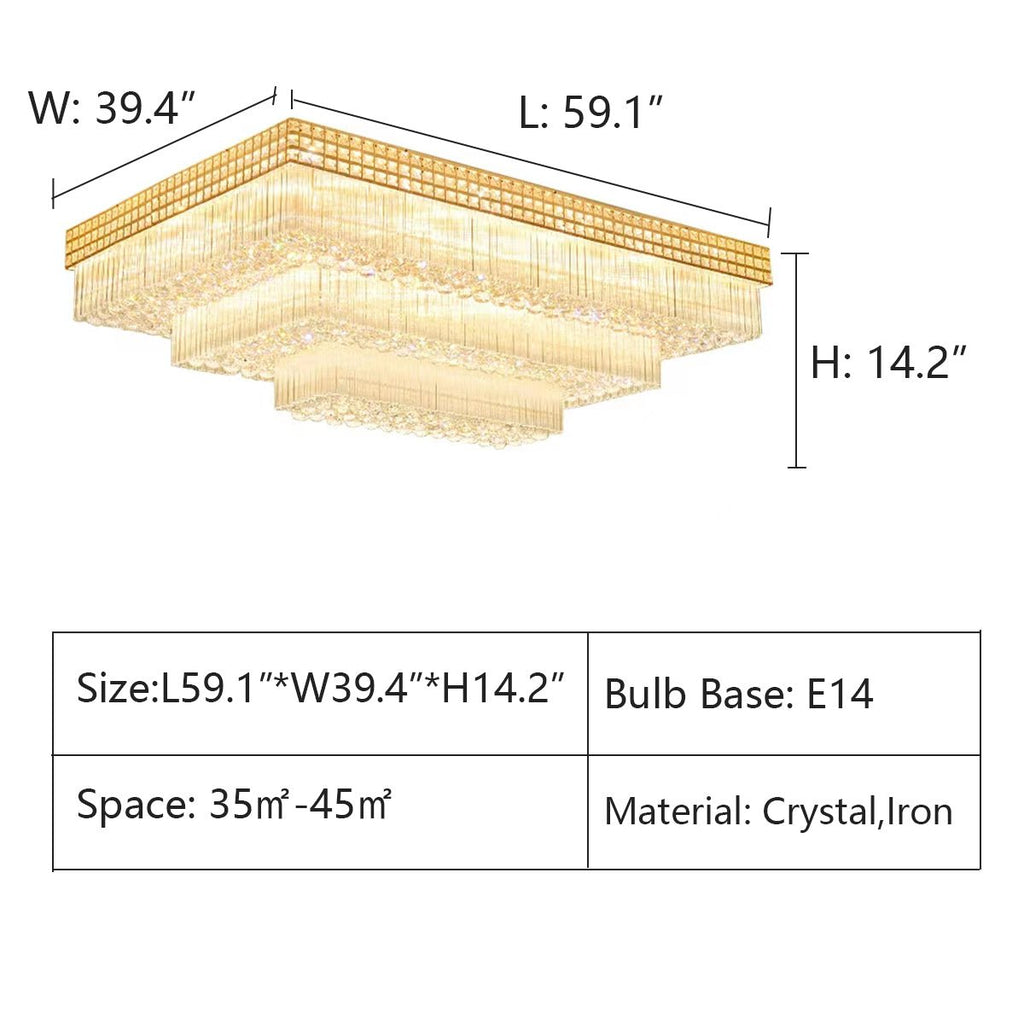 Extra Large Three Layers Rectangular Luxury Flush Mounted Crystal Chandelier for Living Room - fovolighting