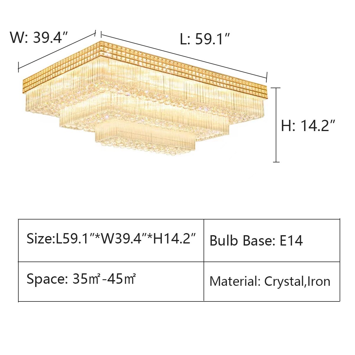 Extra Large Three Layers Rectangular Luxury Flush Mounted Crystal Chandelier for Living Room - fovolighting