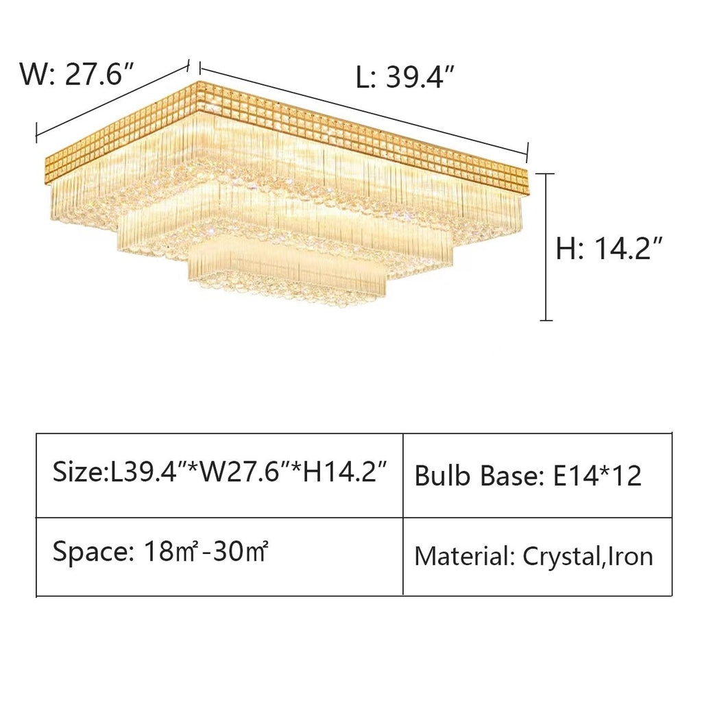 Extra Large Three Layers Rectangular Luxury Flush Mounted Crystal Chandelier for Living Room - fovolighting