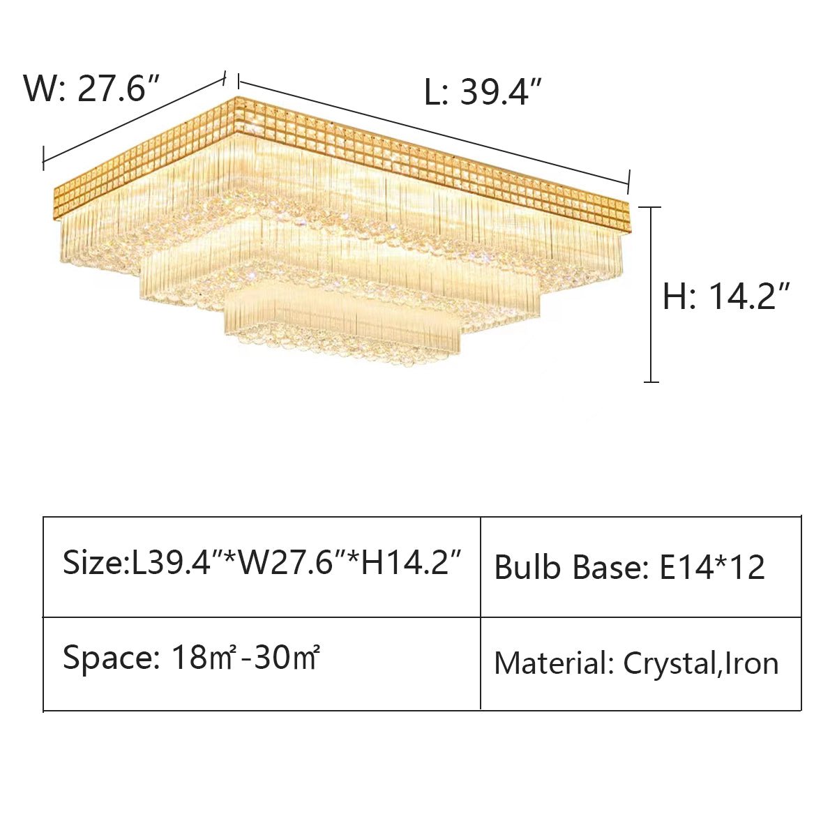 Extra Large Three Layers Rectangular Luxury Flush Mounted Crystal Chandelier for Living Room - fovolighting