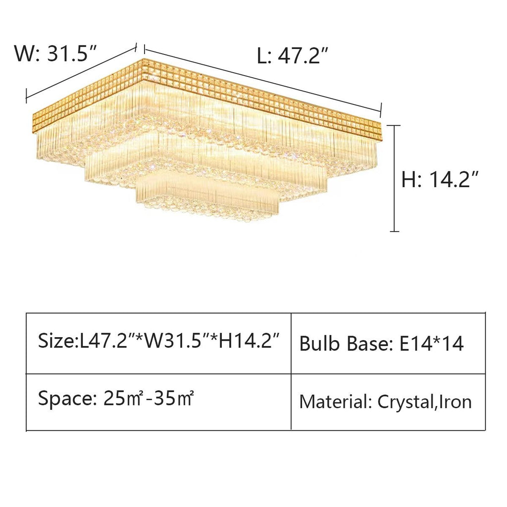 Extra Large Three Layers Rectangular Luxury Flush Mounted Crystal Chandelier for Living Room - fovolighting