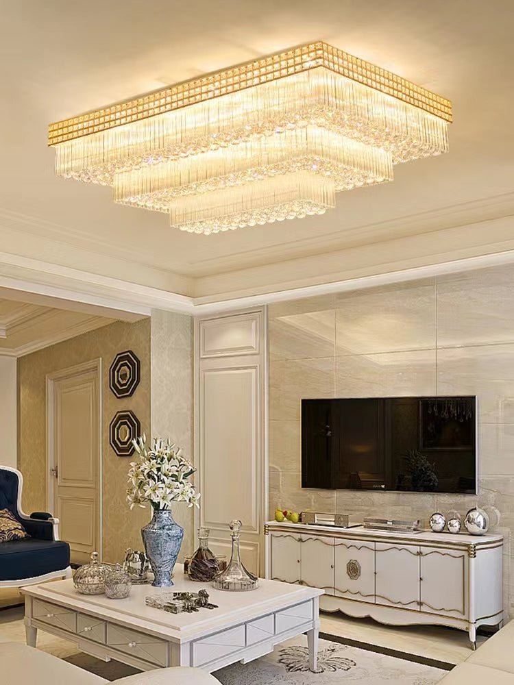 Extra Large Three Layers Rectangular Luxury Flush Mounted Crystal Chandelier for Living Room - fovolighting