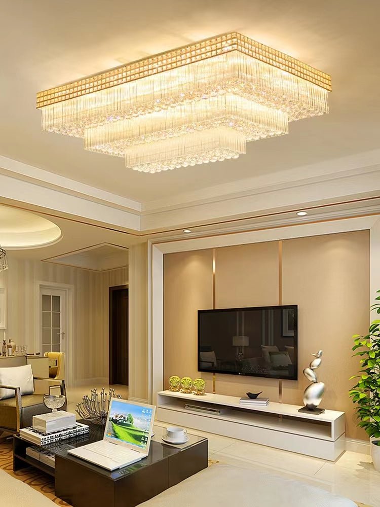 Extra Large Three Layers Rectangular Luxury Flush Mounted Crystal Chandelier for Living Room - fovolighting