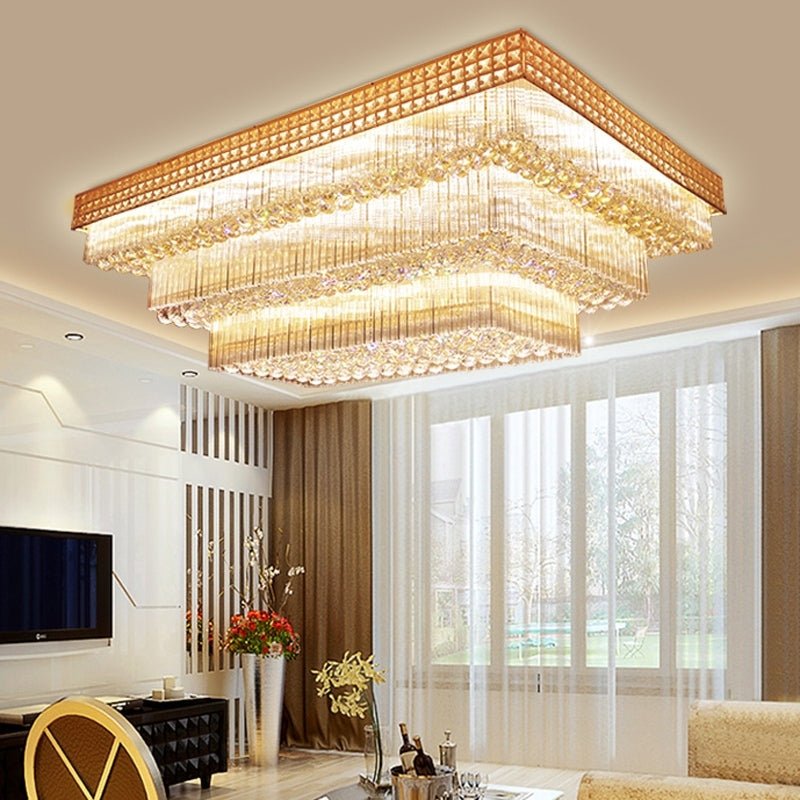 Extra Large Three Layers Rectangular Luxury Flush Mounted Crystal Chandelier for Living Room - fovolighting