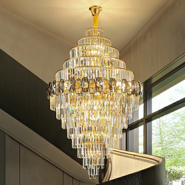 Fashion Large Staircase Chandelier For Foyer Living Room Entrance Crystal Ceiling Light Fixture In Gold Finish - fovolighting