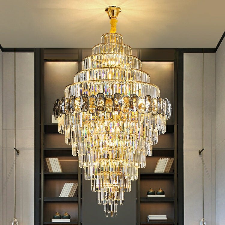 Fashion Large Staircase Chandelier For Foyer Living Room Entrance Crystal Ceiling Light Fixture In Gold Finish - fovolighting