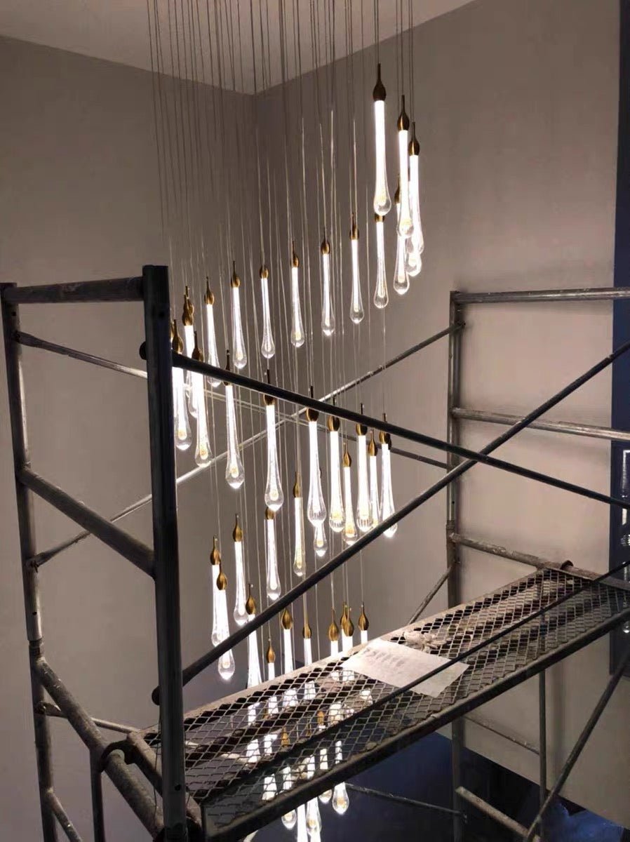 Foyer Glass Drops Pendant Chandelier Spiral Staircase High Ceiling Light Fixture In Gold Finish - fovolighting