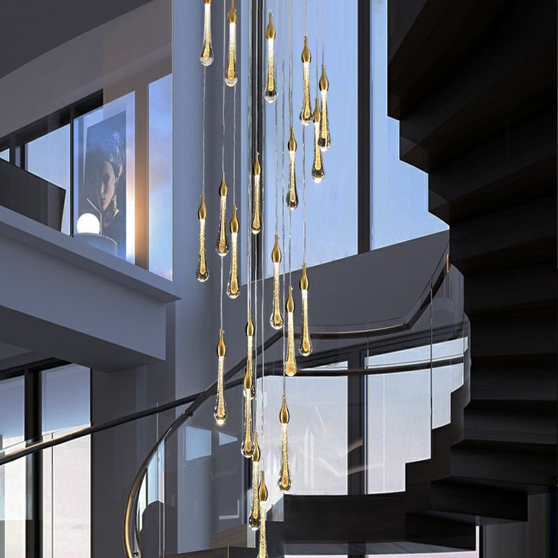 Foyer Glass Drops Pendant Chandelier Spiral Staircase High Ceiling Light Fixture In Gold Finish - fovolighting