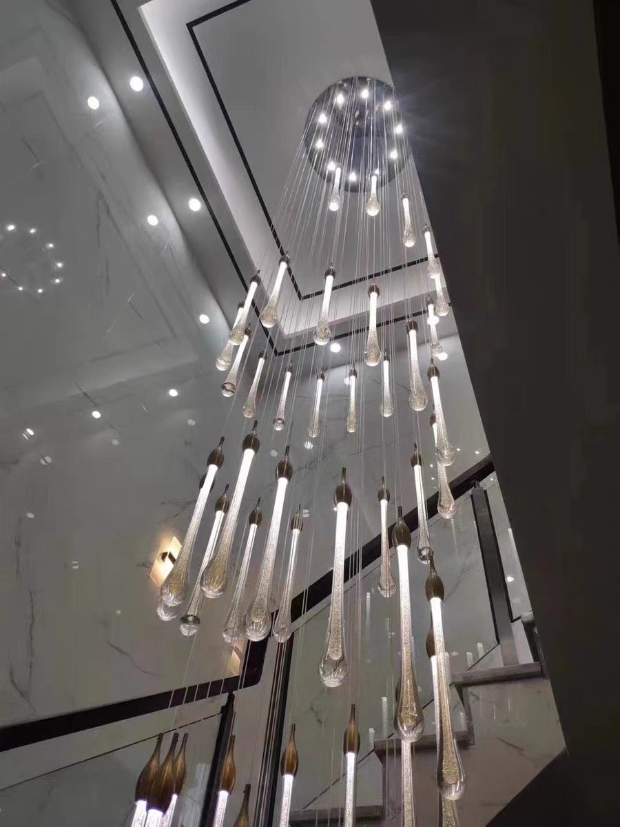 Foyer Glass Drops Pendant Chandelier Spiral Staircase High Ceiling Light Fixture In Gold Finish - fovolighting