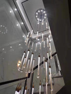 Foyer Glass Drops Pendant Chandelier Spiral Staircase High Ceiling Light Fixture In Gold Finish - fovolighting