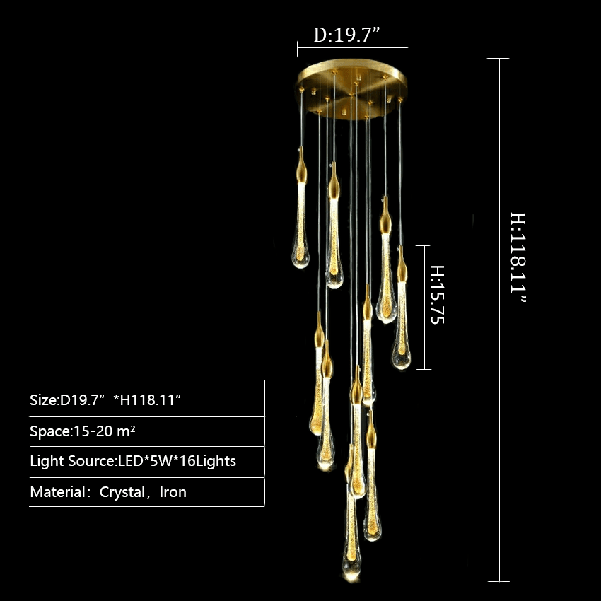 Foyer Glass Drops Pendant Chandelier Spiral Staircase High Ceiling Light Fixture In Gold Finish - fovolighting