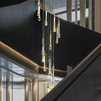 Foyer Glass Drops Pendant Chandelier Spiral Staircase High Ceiling Light Fixture In Gold Finish - fovolighting
