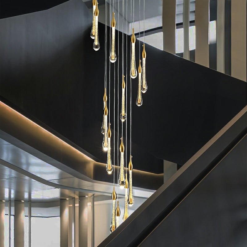 Foyer Glass Drops Pendant Chandelier Spiral Staircase High Ceiling Light Fixture In Gold Finish - fovolighting