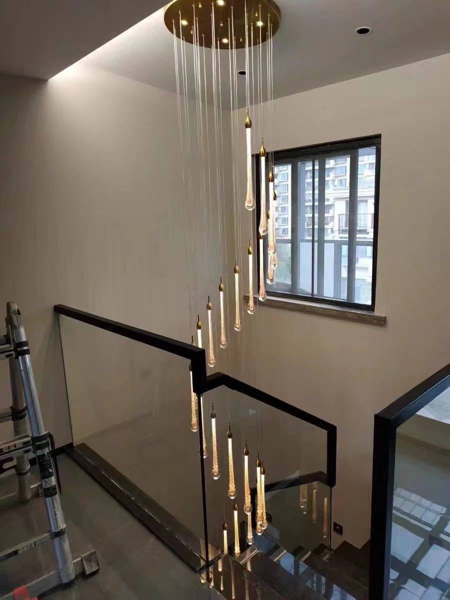 Foyer Glass Drops Pendant Chandelier Spiral Staircase High Ceiling Light Fixture In Gold Finish - fovolighting
