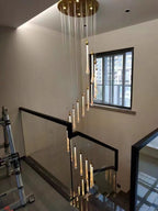 Foyer Glass Drops Pendant Chandelier Spiral Staircase High Ceiling Light Fixture In Gold Finish - fovolighting